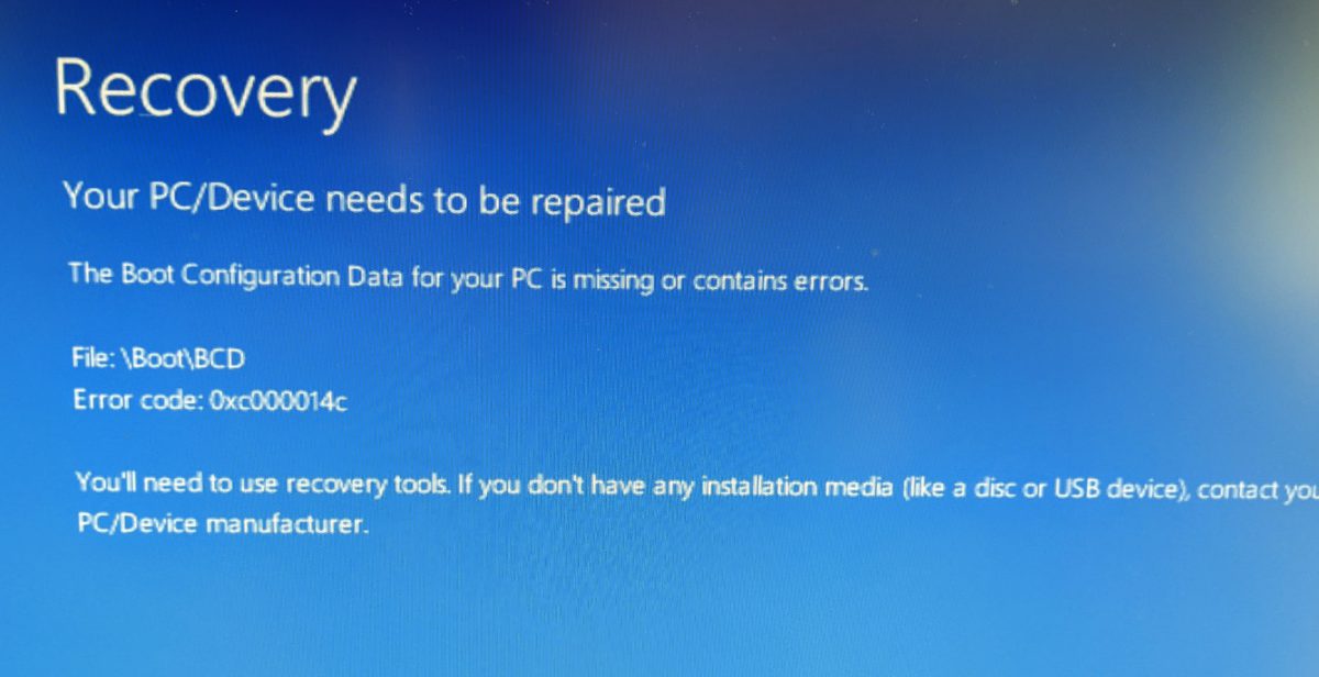 Recovery your PC/Device needs to be repairedでWindowws10のPCがまた再起動できなくなったけど、昔の記事を読んで復活させた話し